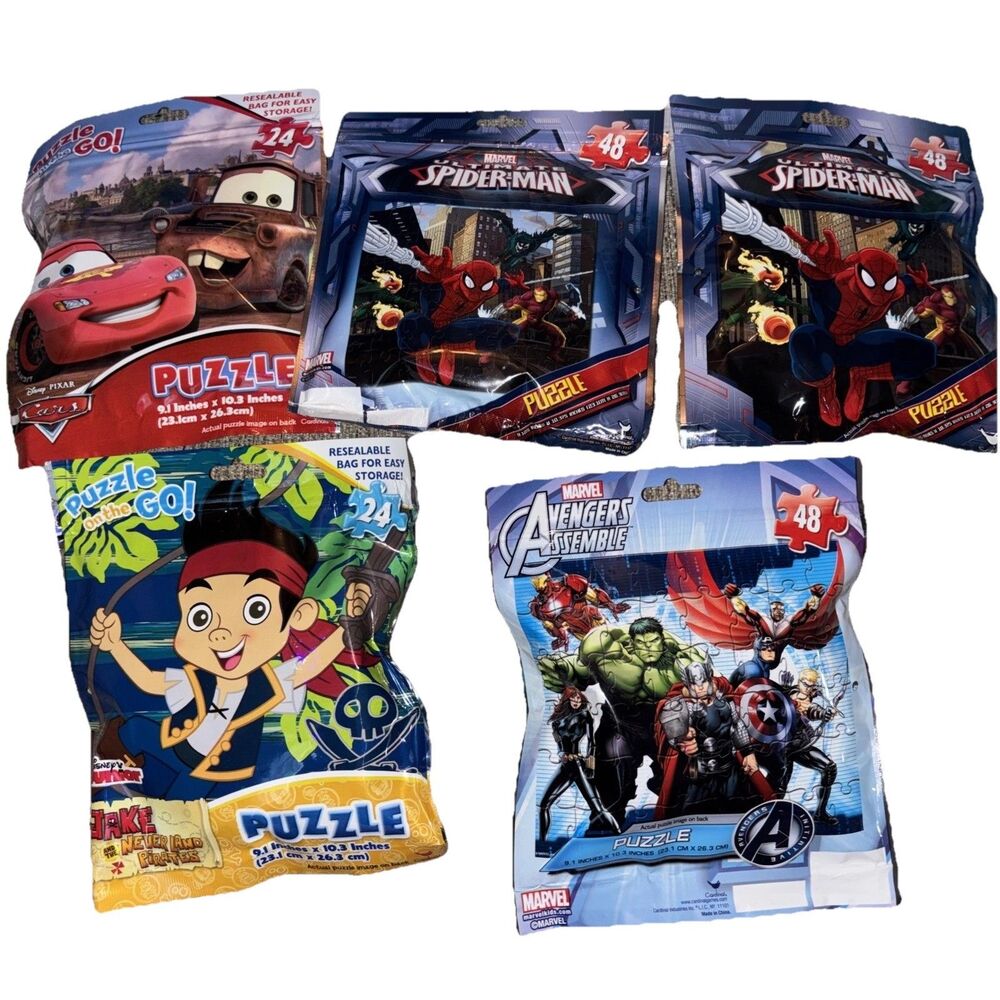 Puzzle On The Go 5 Pc Spiderman, Jake And The Neverland Pirates, Marvel, Cars